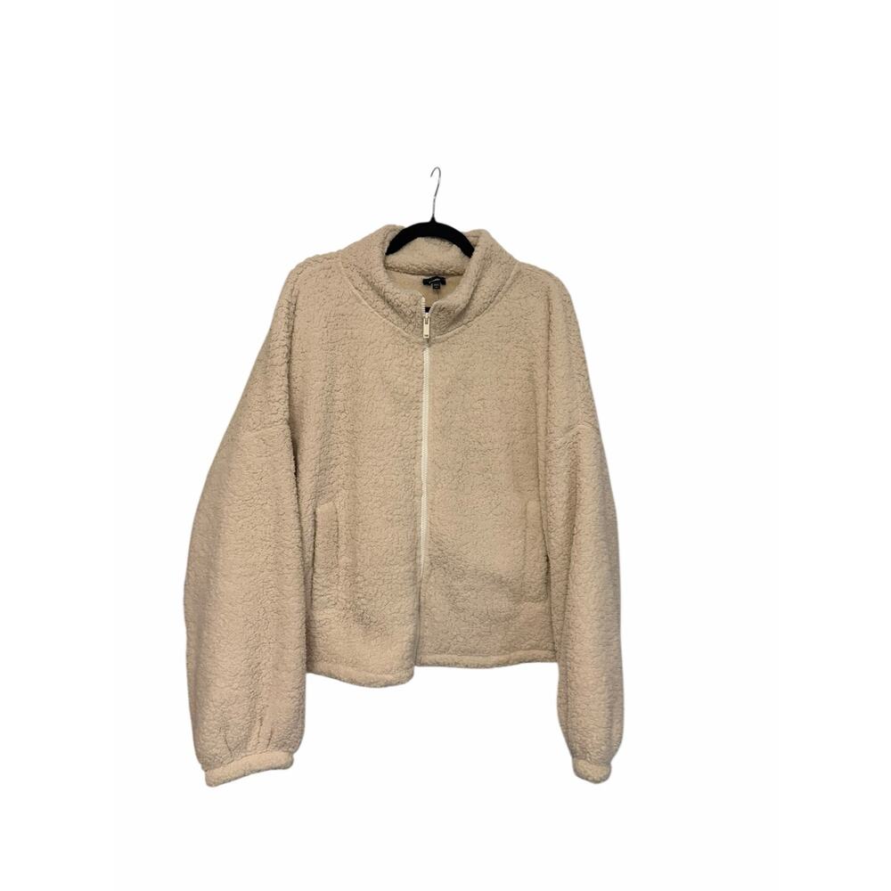 Express Sherpa Teddy Zip Jacket Beige Faux Fur Fleece Jacket XL NWT Minimalist